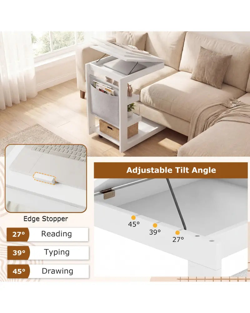 C-shaped End Table with Wheels and Adjustable Desktop for Sofa Couch Bedside-White - White - End & Side Tables