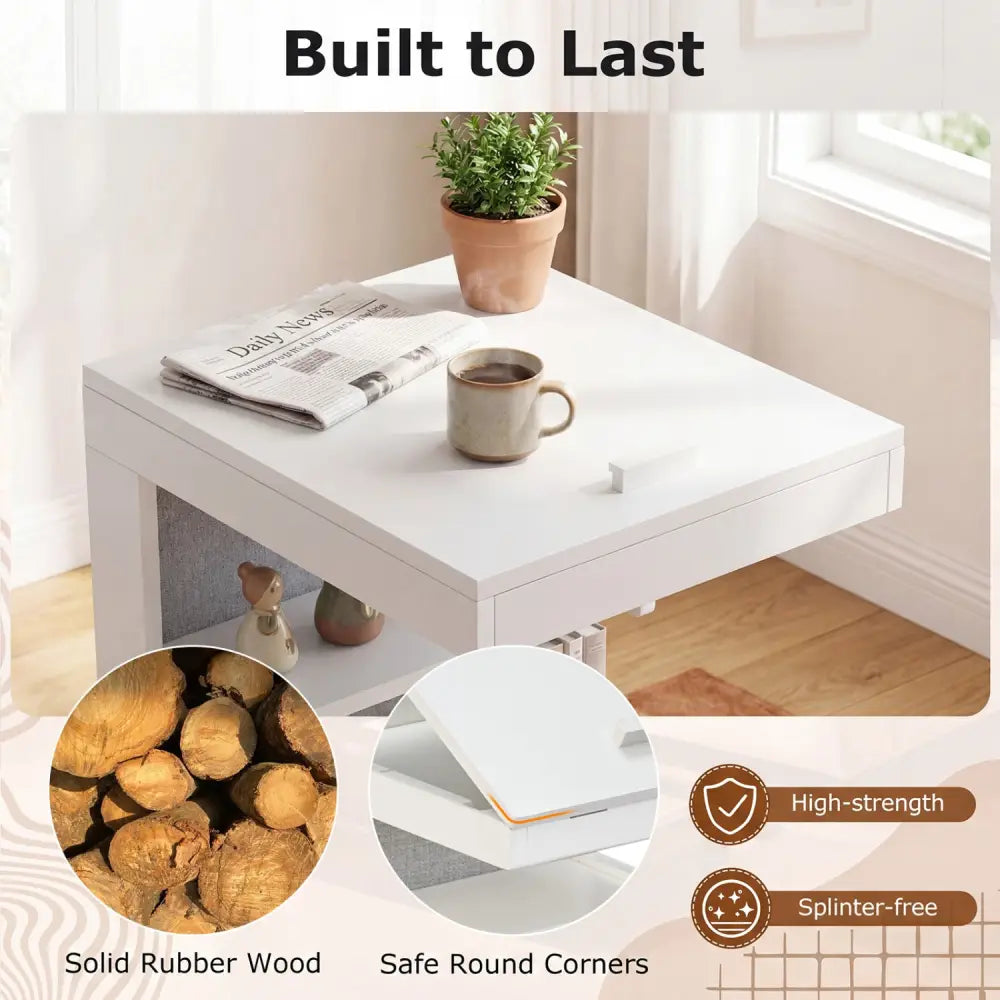 C-shaped End Table with Wheels and Adjustable Desktop for Sofa Couch Bedside-White - White - End & Side Tables