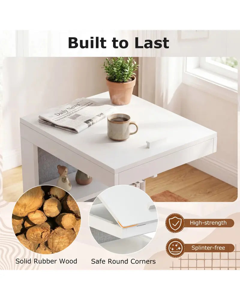 C-shaped End Table with Wheels and Adjustable Desktop for Sofa Couch Bedside-White - White - End & Side Tables