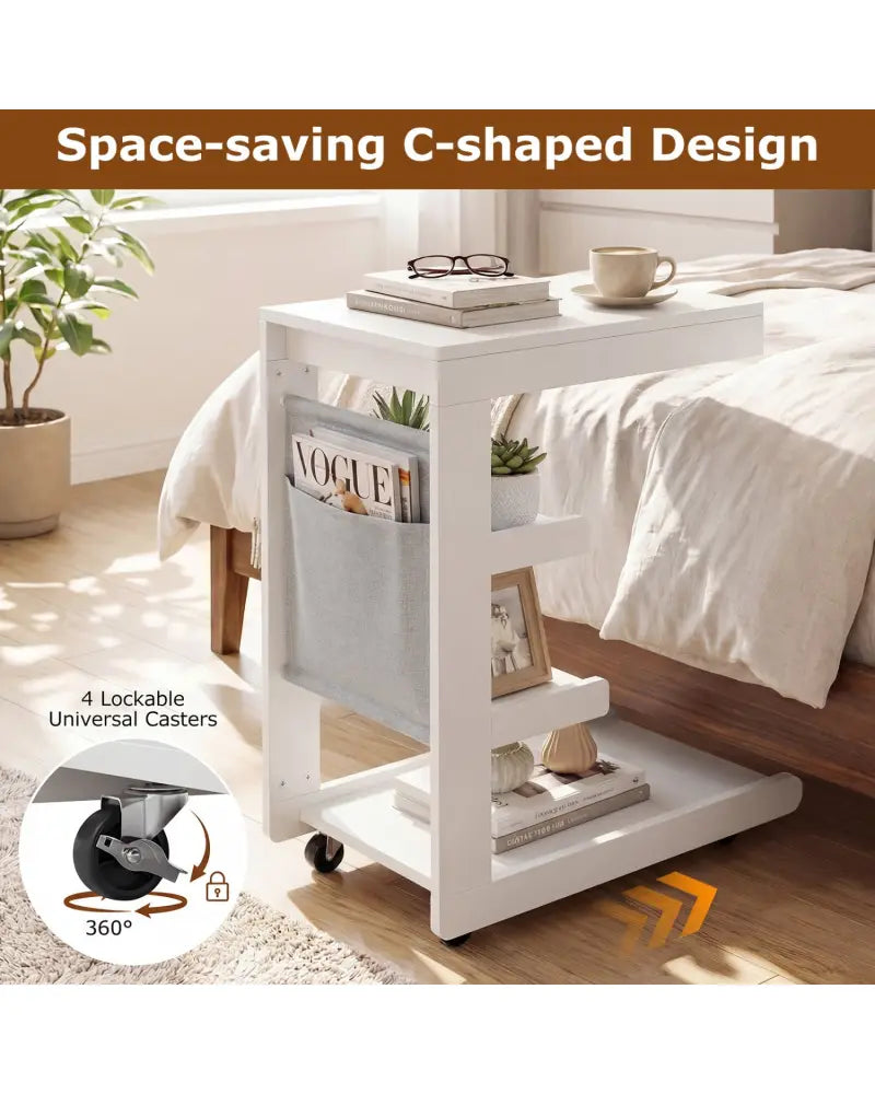 C-shaped End Table with Wheels and Adjustable Desktop for Sofa Couch Bedside-White - White - End & Side Tables