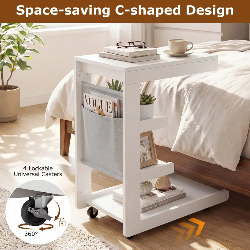 C-shaped End Table with Wheels and Adjustable Desktop for Sofa Couch Bedside-White - White - End & Side Tables