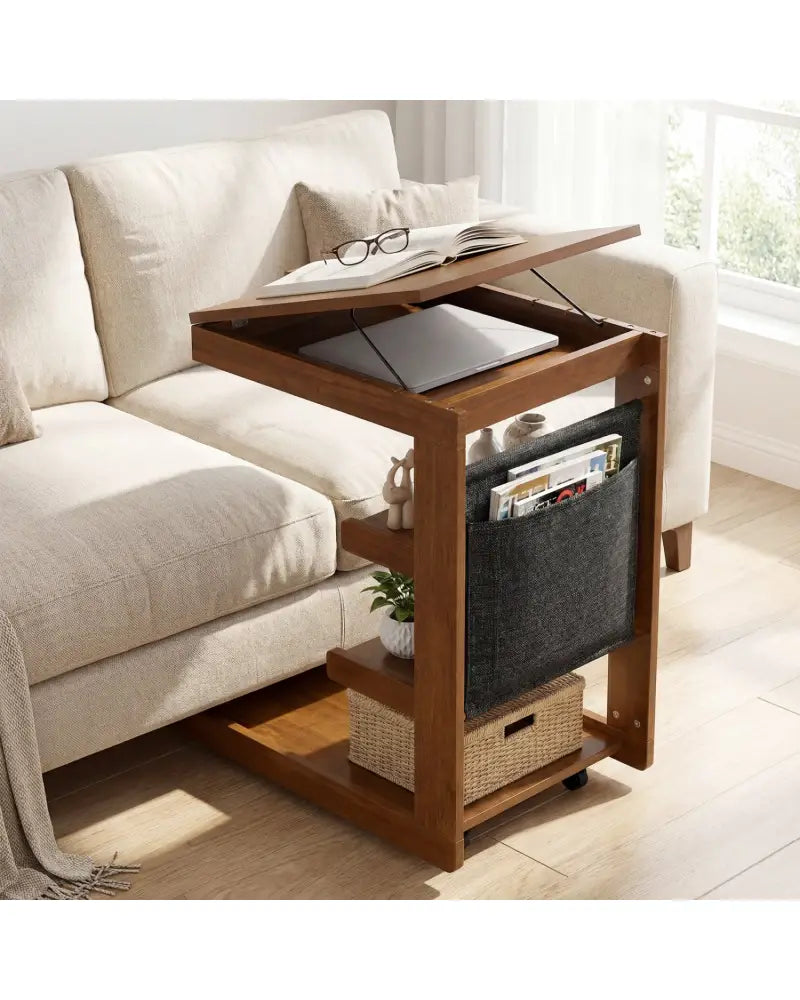 C-shaped End Table with Wheels and Adjustable Desktop for Sofa Couch Bedside-Brown - Brown - End & Side Tables