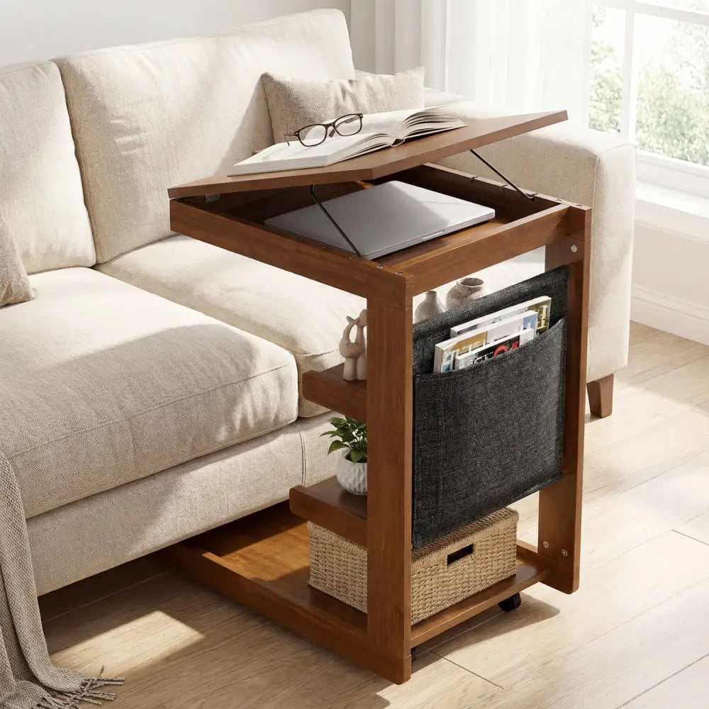 C-shaped End Table with Wheels and Adjustable Desktop for Sofa Couch Bedside-Brown - Brown - End & Side Tables