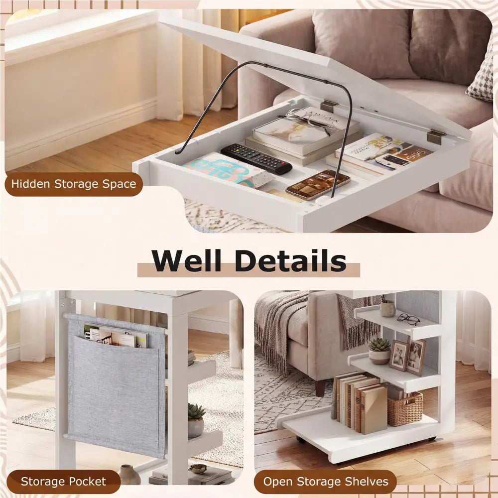 C-shaped End Table with Wheels and Adjustable Desktop for Sofa Couch Bedside-White - White - End & Side Tables
