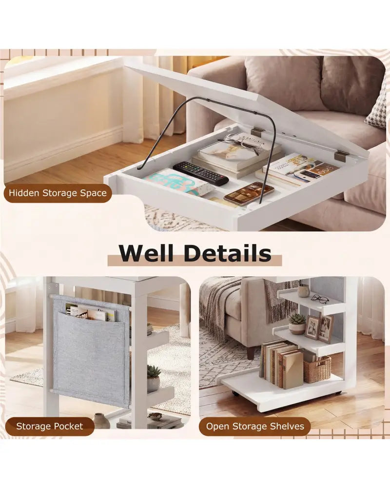 C-shaped End Table with Wheels and Adjustable Desktop for Sofa Couch Bedside-White - White - End & Side Tables
