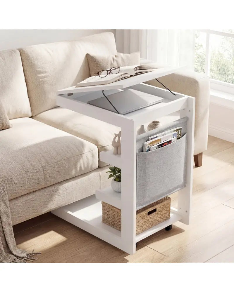 C-shaped End Table with Wheels and Adjustable Desktop for Sofa Couch Bedside-White - White - End & Side Tables