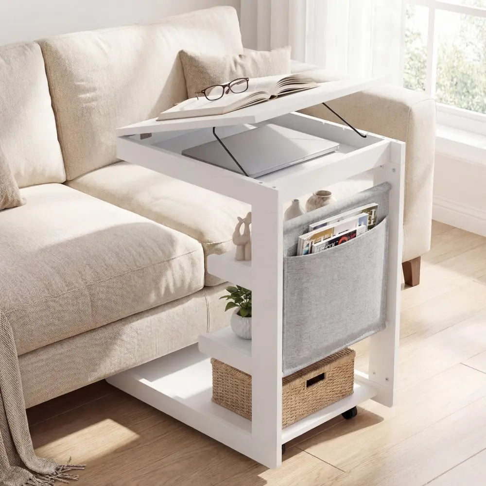 C-shaped End Table with Wheels and Adjustable Desktop for Sofa Couch Bedside-White - White - End & Side Tables