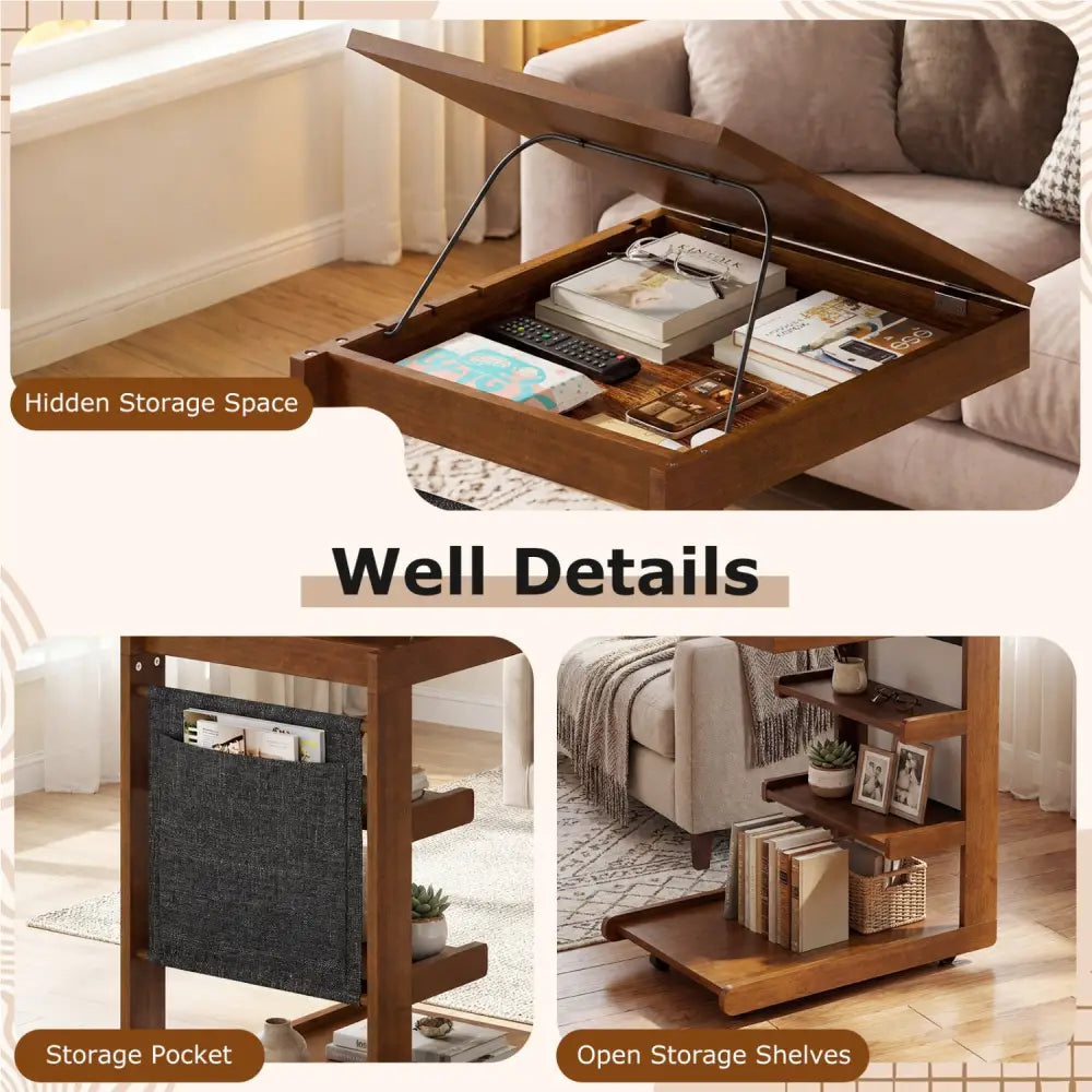 C-shaped End Table with Wheels and Adjustable Desktop for Sofa Couch Bedside-Brown - Brown - End & Side Tables