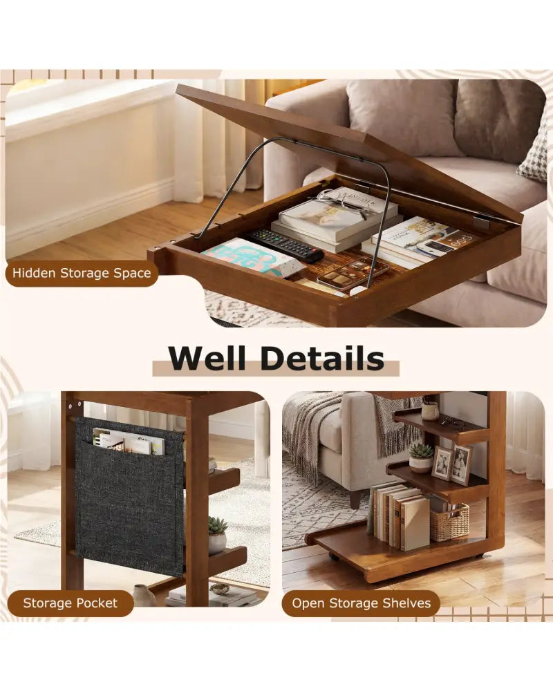 C-shaped End Table with Wheels and Adjustable Desktop for Sofa Couch Bedside-Brown - Brown - End & Side Tables