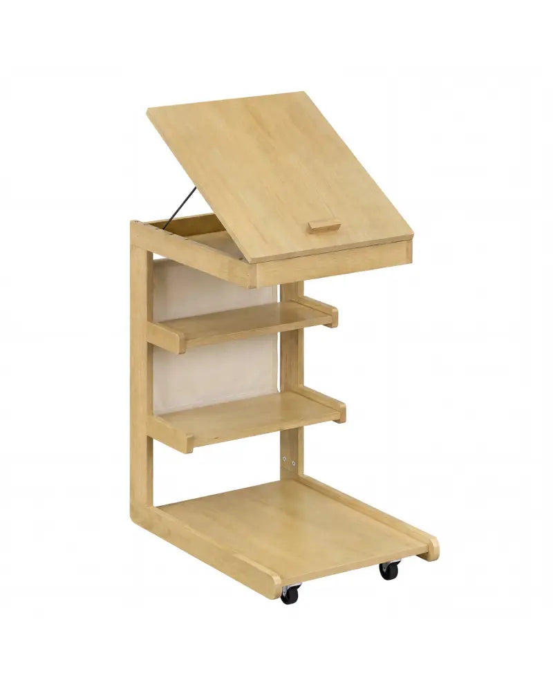 C-shaped End Table with Wheels and Adjustable Desktop for Sofa Couch Bedside-Natural - Natural - End & Side Tables