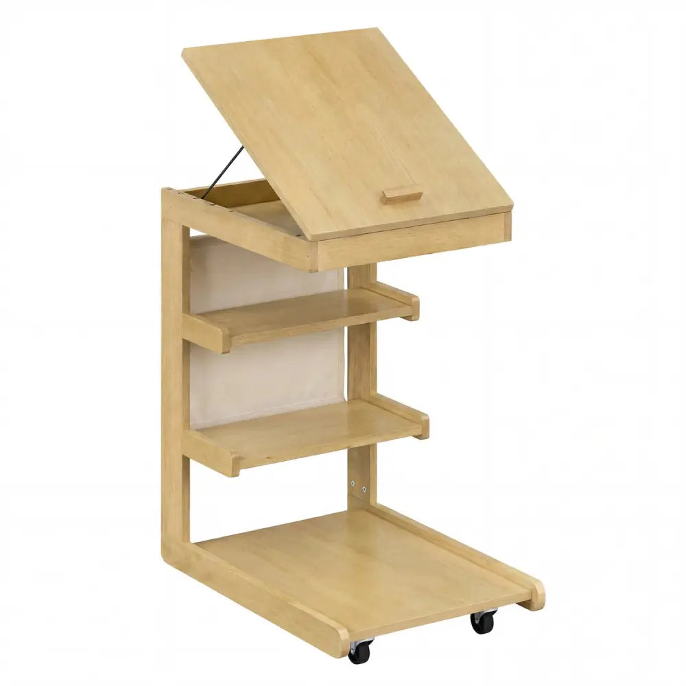 C-shaped End Table with Wheels and Adjustable Desktop for Sofa Couch Bedside-Natural - Natural - End & Side Tables