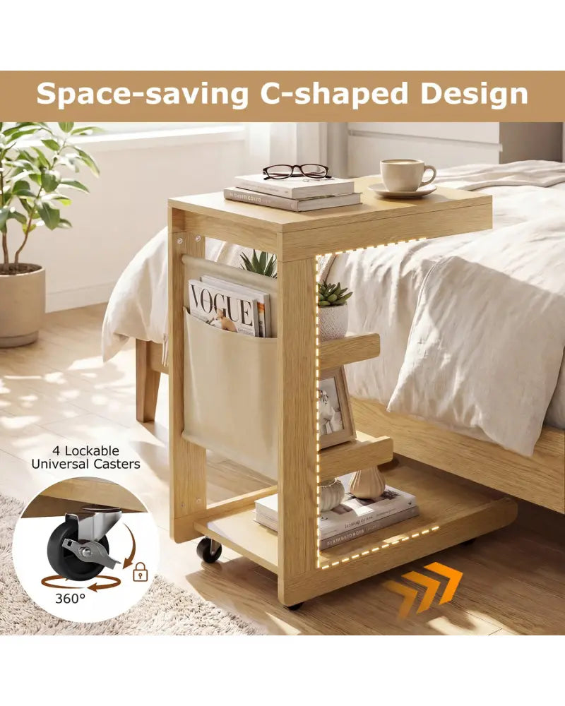 C-shaped End Table with Wheels and Adjustable Desktop for Sofa Couch Bedside-Natural - Natural - End & Side Tables