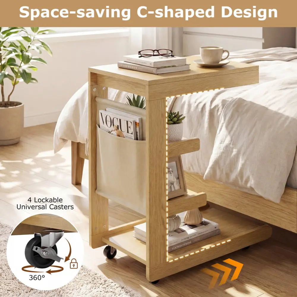 C-shaped End Table with Wheels and Adjustable Desktop for Sofa Couch Bedside-Natural - Natural - End & Side Tables