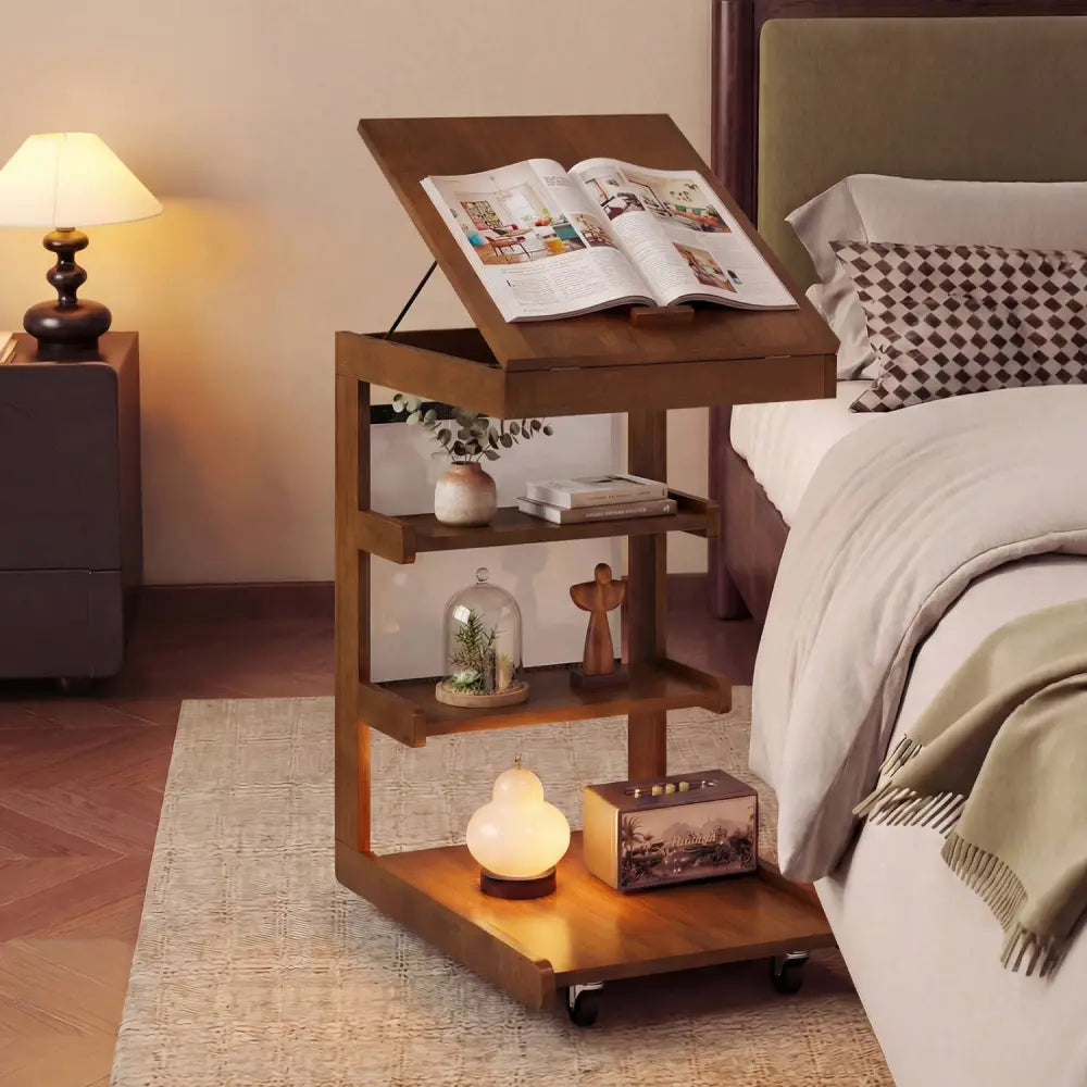 C-shaped End Table with Wheels and Adjustable Desktop for Sofa Couch Bedside-Brown - Brown - End & Side Tables