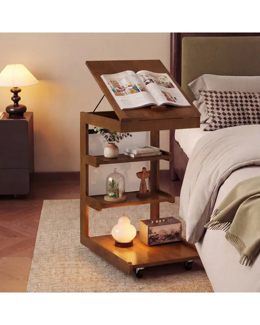 C-shaped End Table with Wheels and Adjustable Desktop for Sofa Couch Bedside-Brown - Brown - End & Side Tables