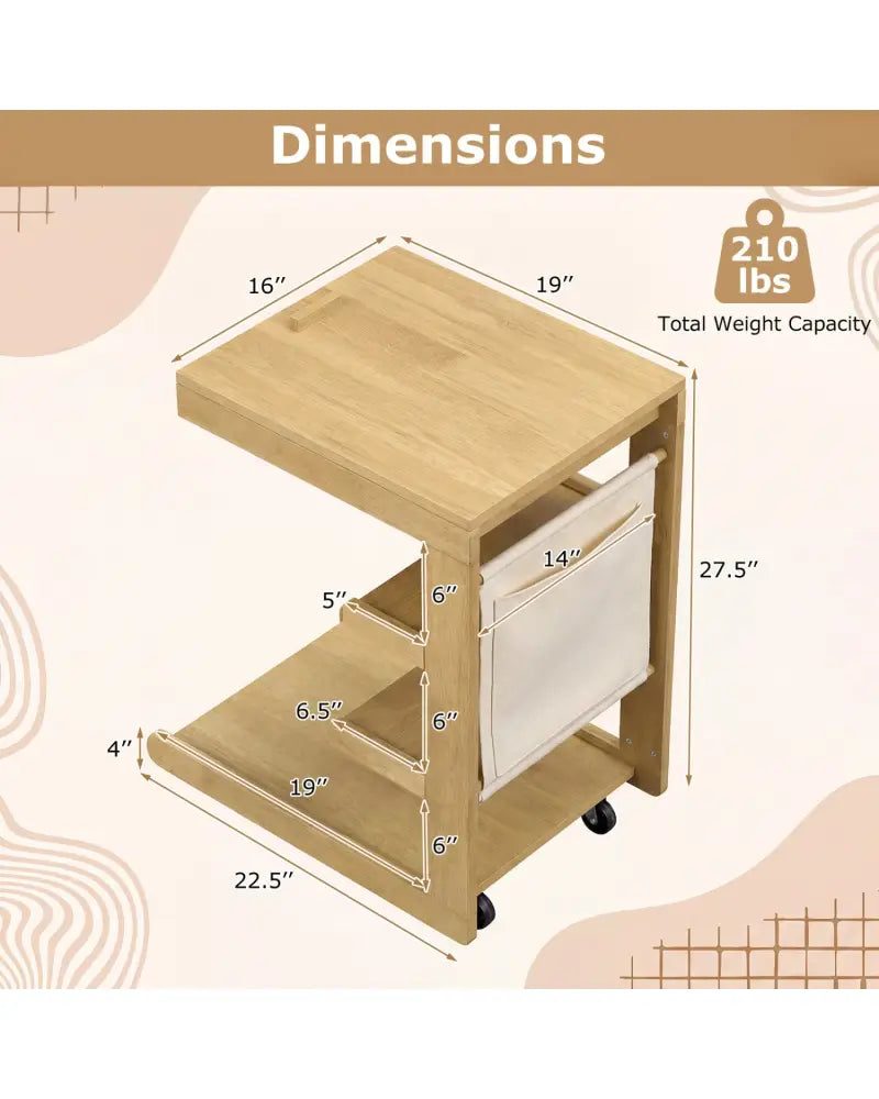 C-shaped End Table with Wheels and Adjustable Desktop for Sofa Couch Bedside-Natural - Natural - End & Side Tables
