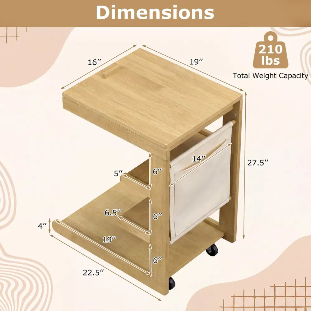 C-shaped End Table with Wheels and Adjustable Desktop for Sofa Couch Bedside-Natural - Natural - End & Side Tables
