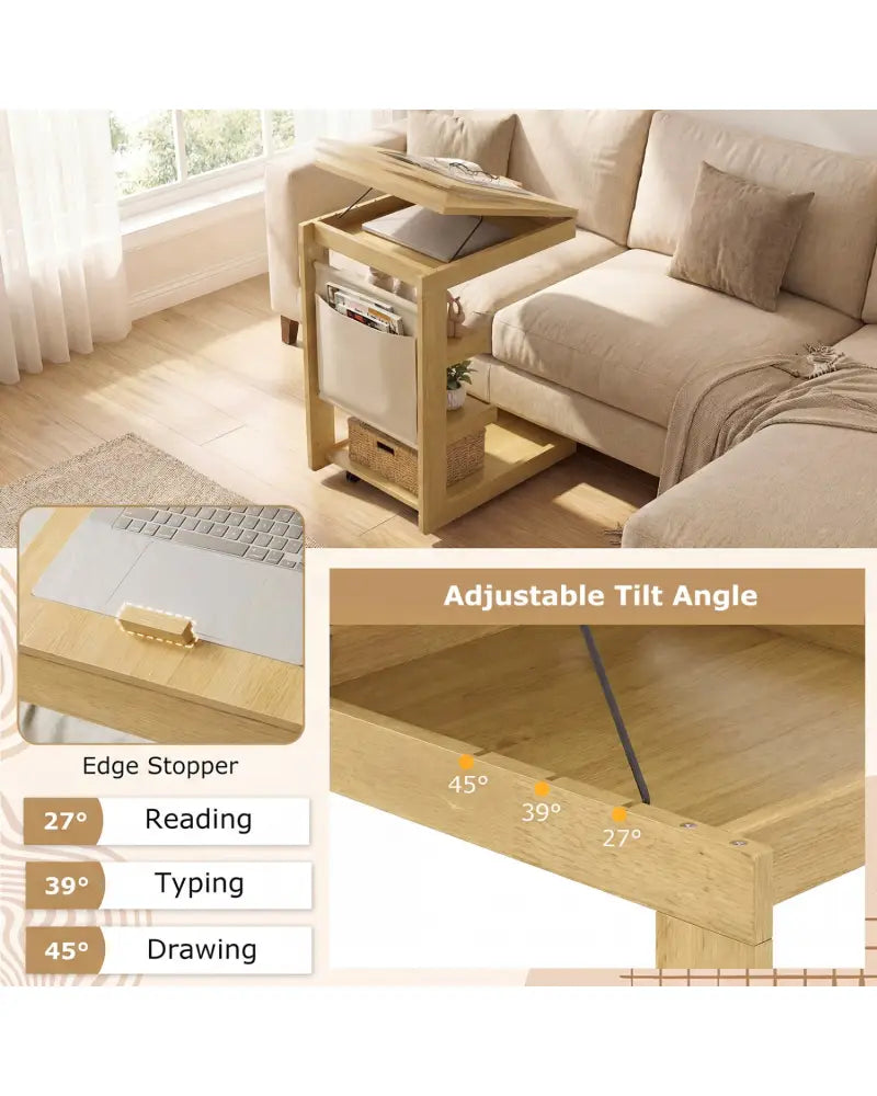 C-shaped End Table with Wheels and Adjustable Desktop for Sofa Couch Bedside-Natural - Natural - End & Side Tables