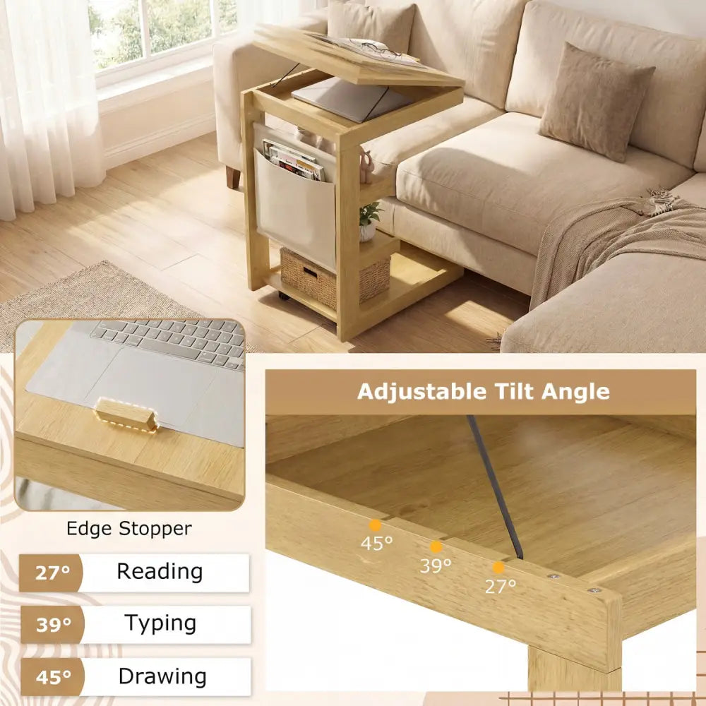 C-shaped End Table with Wheels and Adjustable Desktop for Sofa Couch Bedside-Natural - Natural - End & Side Tables