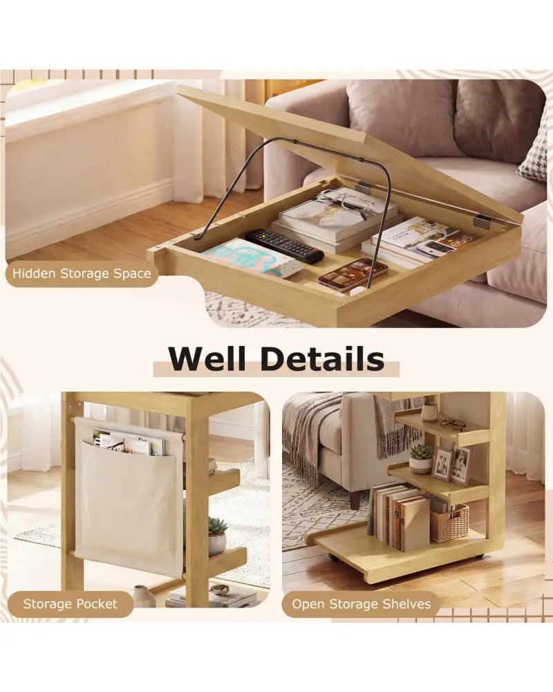 C-shaped End Table with Wheels and Adjustable Desktop for Sofa Couch Bedside-Natural - Natural - End & Side Tables