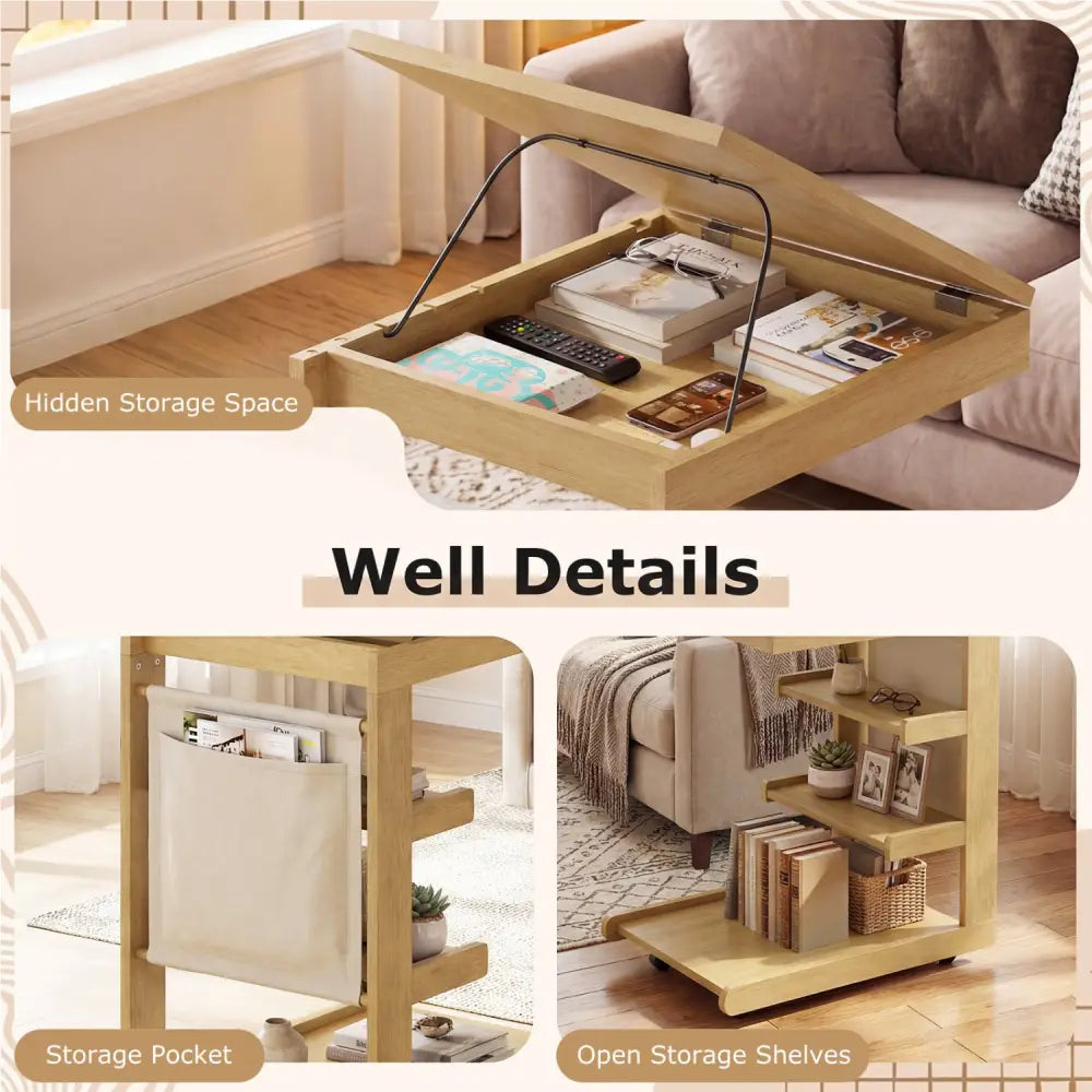 C-shaped End Table with Wheels and Adjustable Desktop for Sofa Couch Bedside-Natural - Natural - End & Side Tables