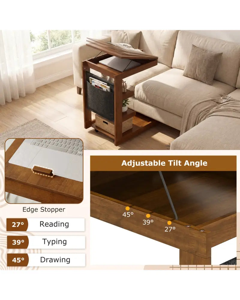 C-shaped End Table with Wheels and Adjustable Desktop for Sofa Couch Bedside-Brown - Brown - End & Side Tables