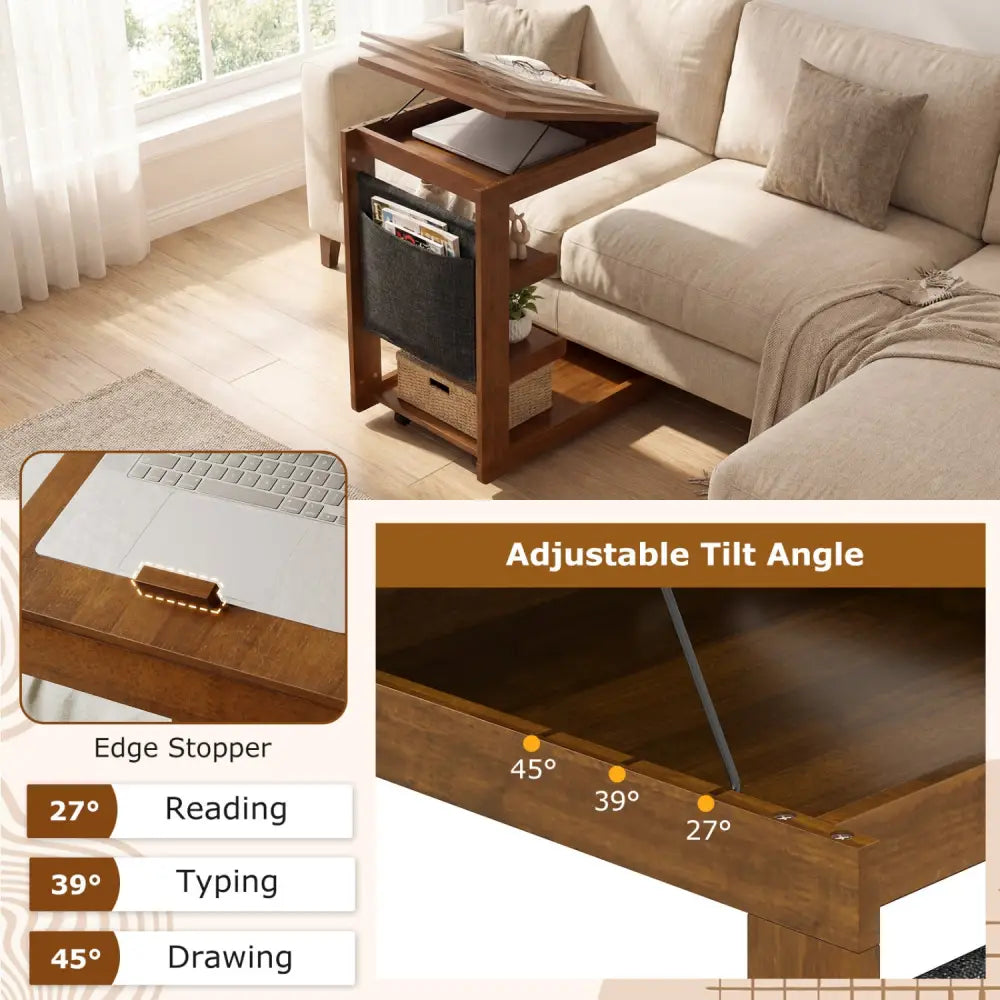 C-shaped End Table with Wheels and Adjustable Desktop for Sofa Couch Bedside-Brown - Brown - End & Side Tables