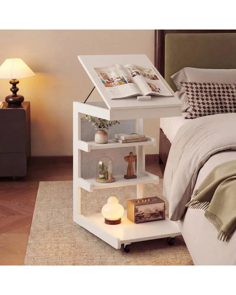 C-shaped End Table with Wheels and Adjustable Desktop for Sofa Couch Bedside-White - White - End & Side Tables