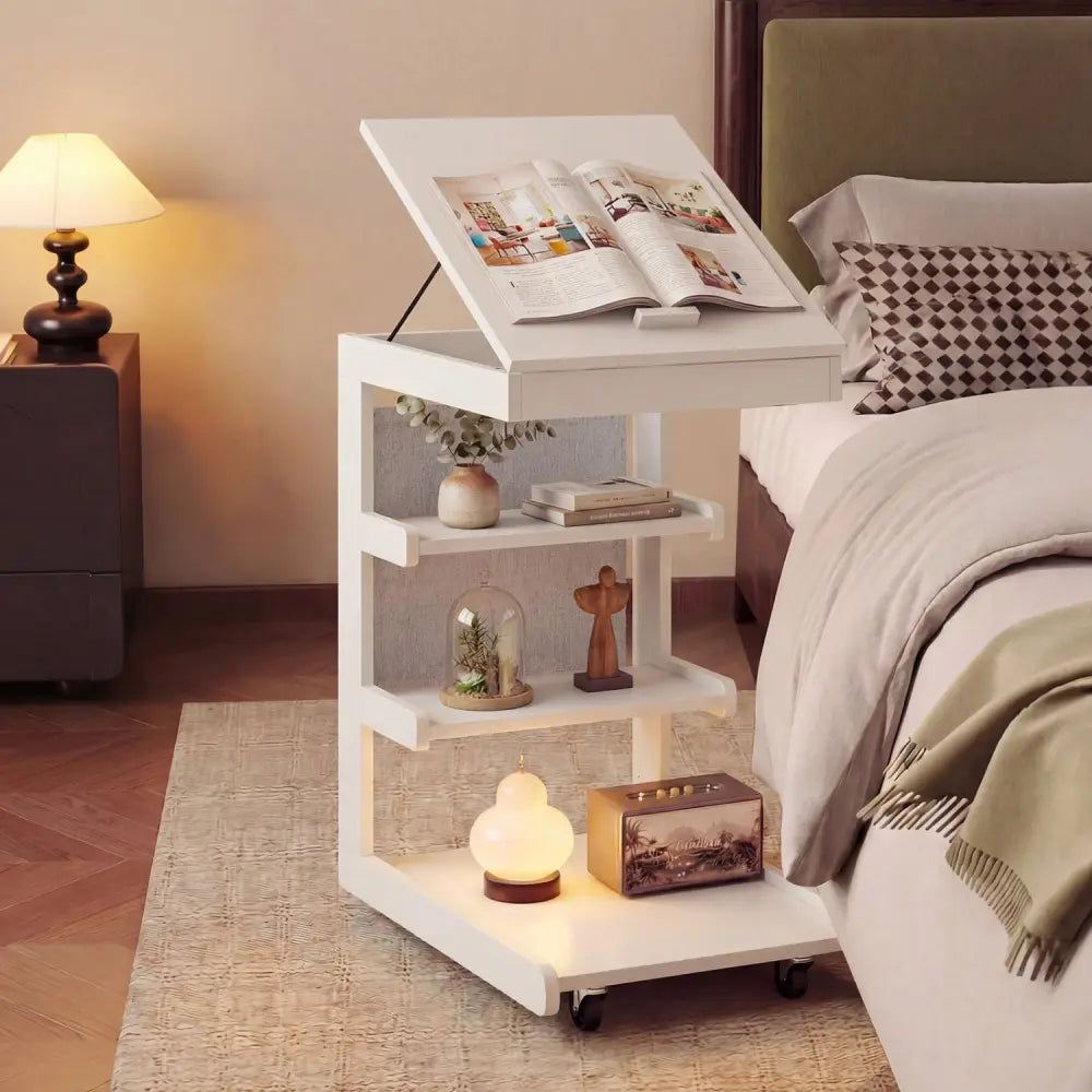 C-shaped End Table with Wheels and Adjustable Desktop for Sofa Couch Bedside-White - White - End & Side Tables