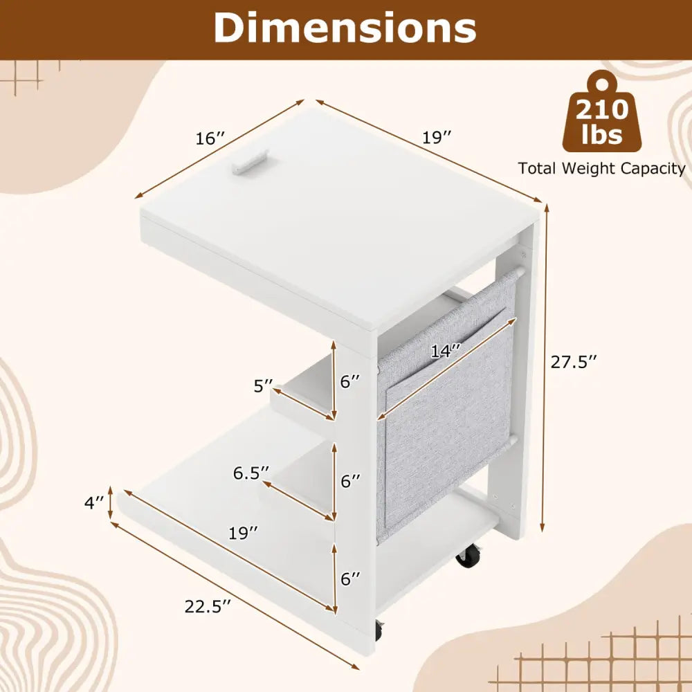 C-shaped End Table with Wheels and Adjustable Desktop for Sofa Couch Bedside-White - White - End & Side Tables