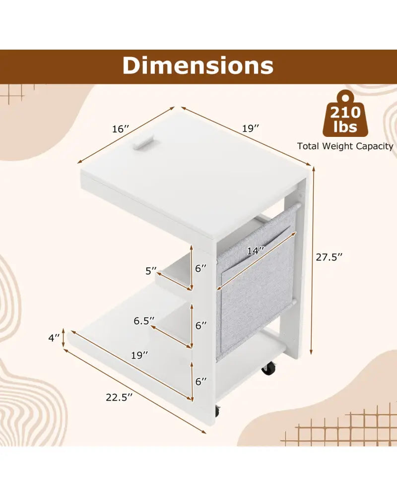 C-shaped End Table with Wheels and Adjustable Desktop for Sofa Couch Bedside-White - White - End & Side Tables