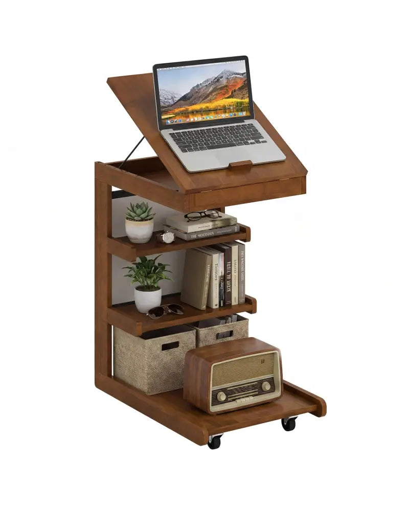 C-shaped End Table with Wheels and Adjustable Desktop for Sofa Couch Bedside-Brown - Brown - End & Side Tables