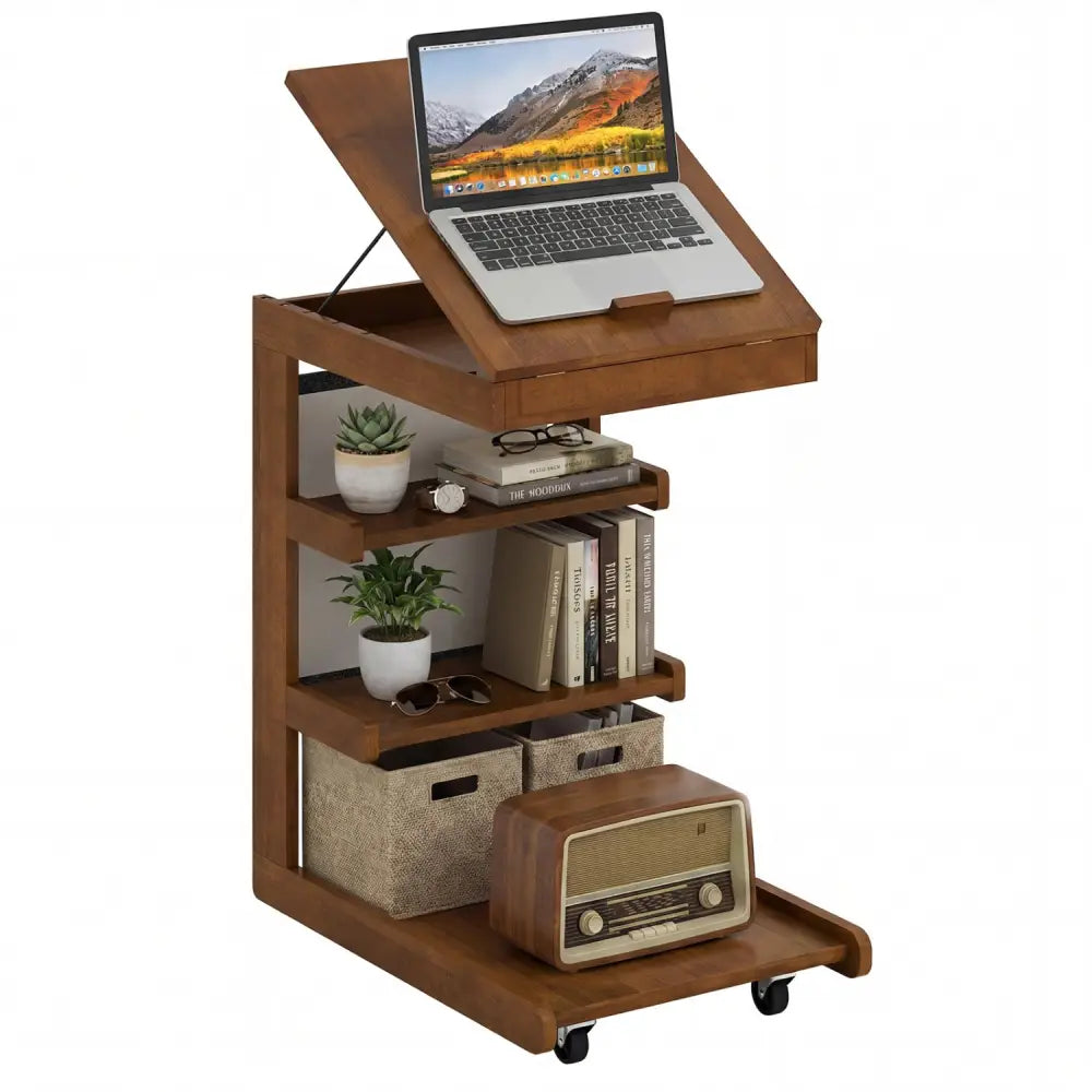 C-shaped End Table with Wheels and Adjustable Desktop for Sofa Couch Bedside-Brown - Brown - End & Side Tables
