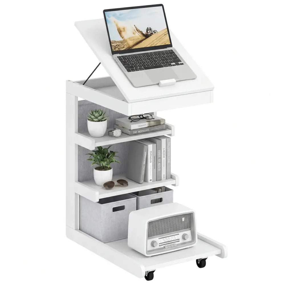 C-shaped End Table with Wheels and Adjustable Desktop for Sofa Couch Bedside-White - White - End & Side Tables