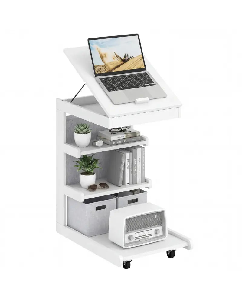 C-shaped End Table with Wheels and Adjustable Desktop for Sofa Couch Bedside-White - White - End & Side Tables