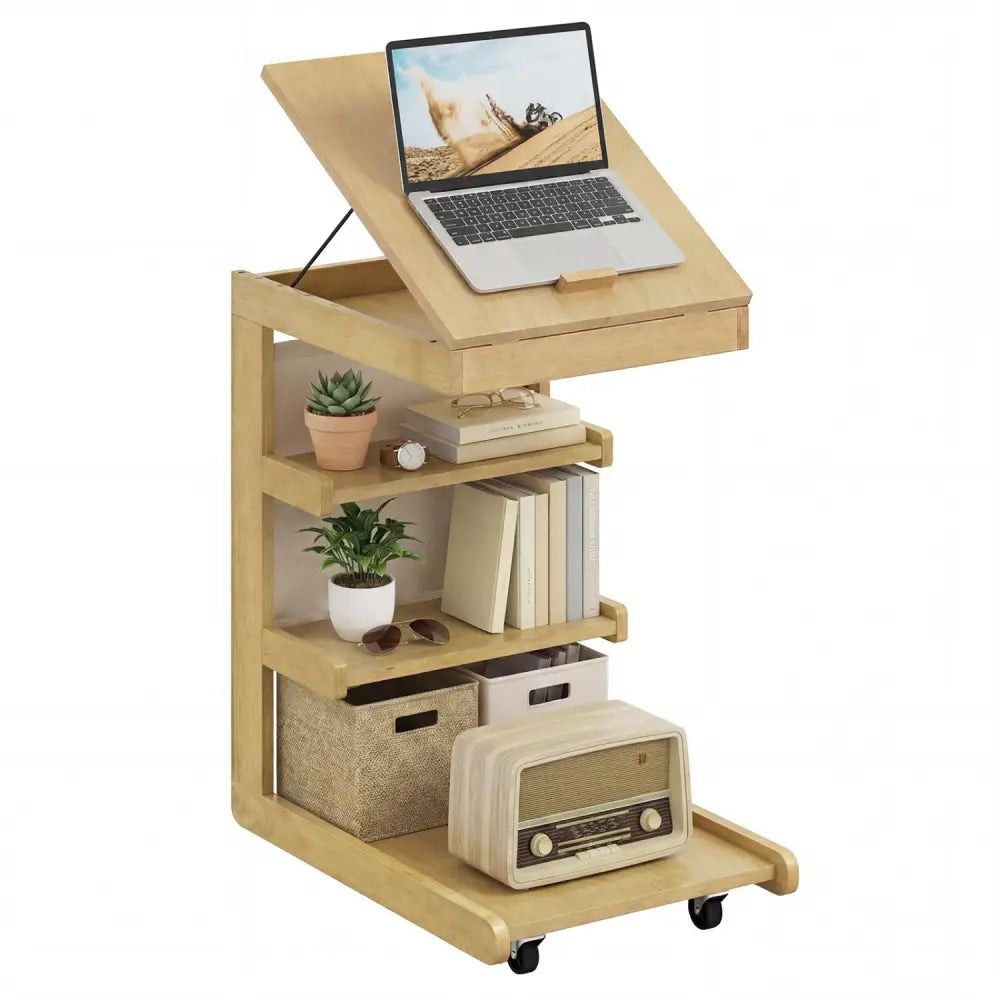 C-shaped End Table with Wheels and Adjustable Desktop for Sofa Couch Bedside-Natural - Natural - End & Side Tables