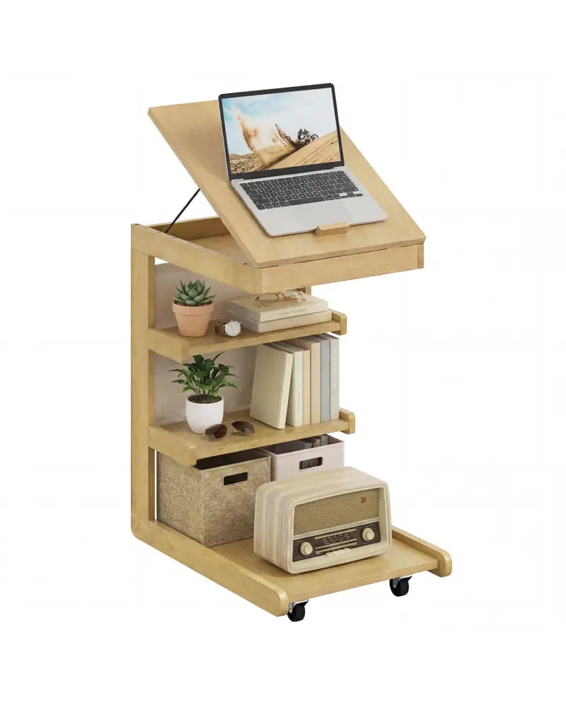 C-shaped End Table with Wheels and Adjustable Desktop for Sofa Couch Bedside-Natural - Natural - End & Side Tables
