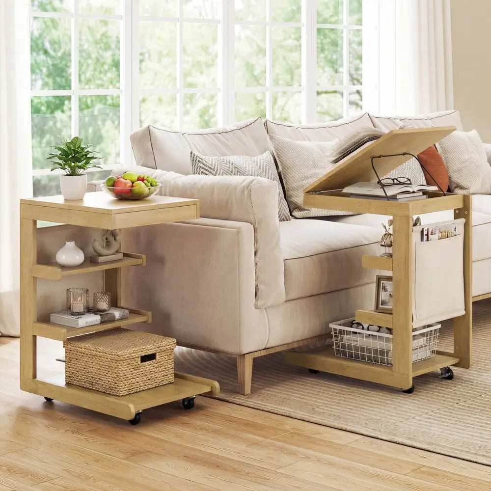 C-shaped End Table with Wheels and Adjustable Desktop for Sofa Couch Bedside-Natural - Natural - End & Side Tables