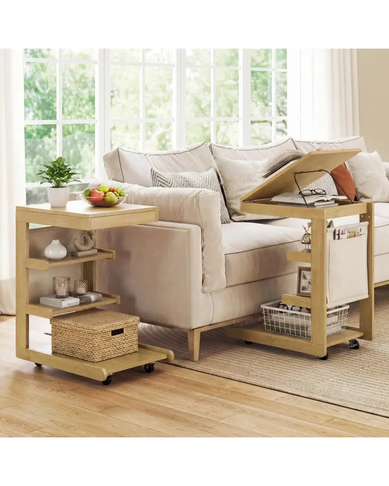 C-shaped End Table with Wheels and Adjustable Desktop for Sofa Couch Bedside-Natural - Natural - End & Side Tables