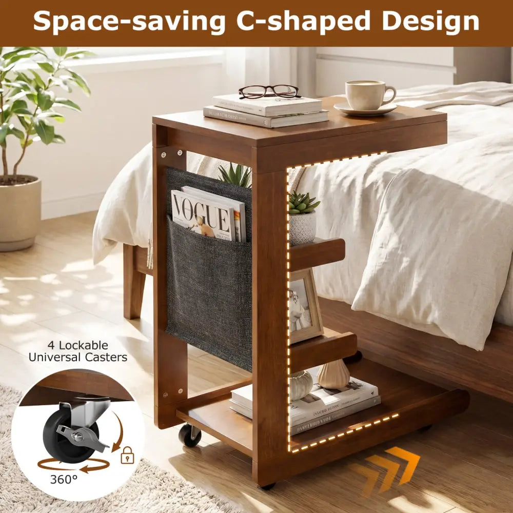 C-shaped End Table with Wheels and Adjustable Desktop for Sofa Couch Bedside-Brown - Brown - End & Side Tables