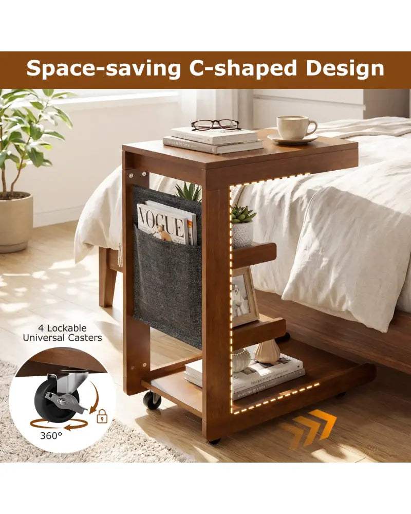 C-shaped End Table with Wheels and Adjustable Desktop for Sofa Couch Bedside-Brown - Brown - End & Side Tables