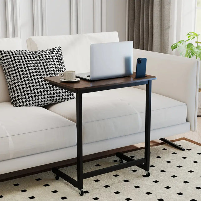 C-shaped End Table with Wheels Mobile Bedside Table with Built-in Phone Slot-Rustic Brown - Rustic Brown - End & Side