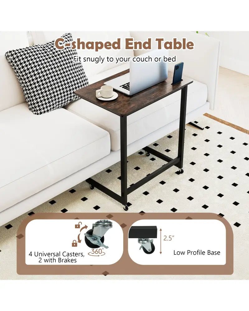 C-shaped End Table with Wheels Mobile Bedside Table with Built-in Phone Slot-Rustic Brown - Rustic Brown - End & Side