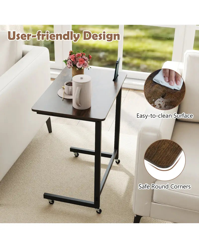 C-shaped End Table with Wheels Mobile Bedside Table with Built-in Phone Slot-Rustic Brown - Rustic Brown - End & Side