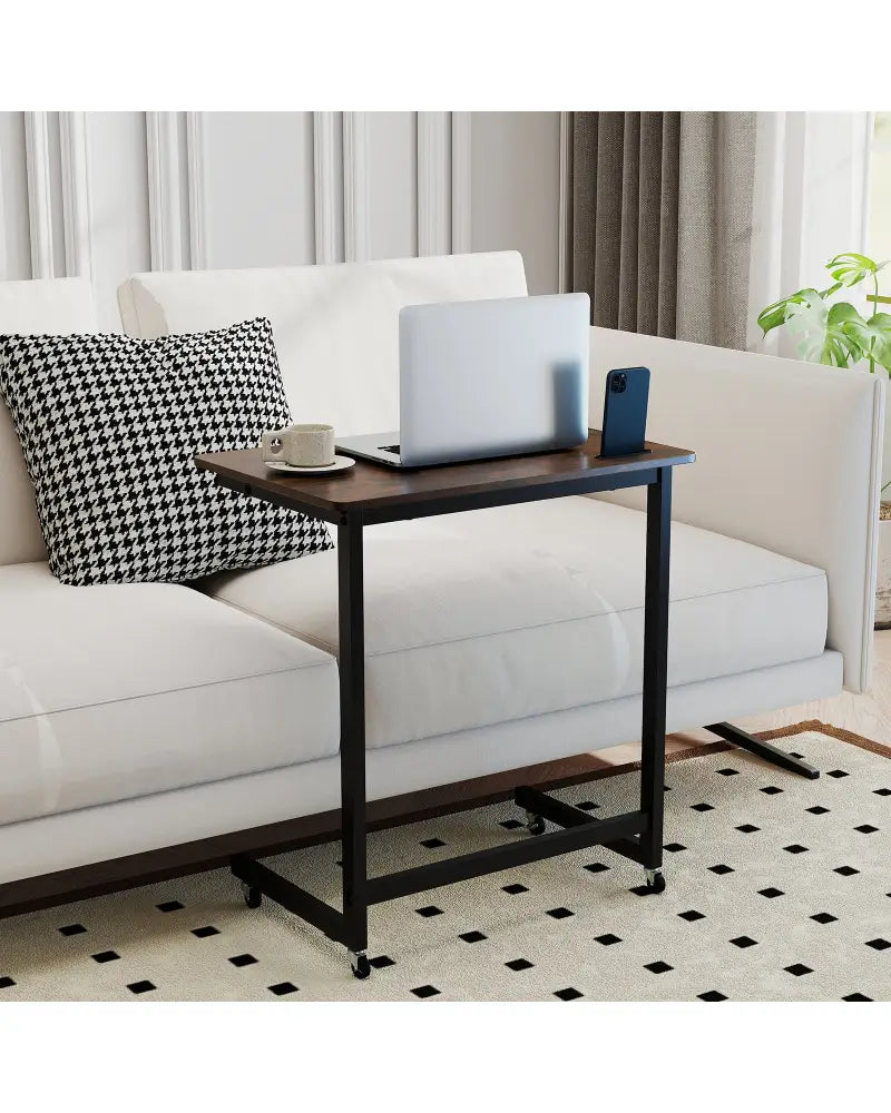 C-shaped End Table with Wheels Mobile Bedside Table with Built-in Phone Slot-Rustic Brown - Rustic Brown - End & Side