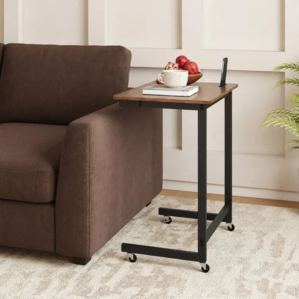 C-shaped End Table with Wheels Mobile Bedside Table with Built-in Phone Slot-Rustic Brown - Rustic Brown - End & Side