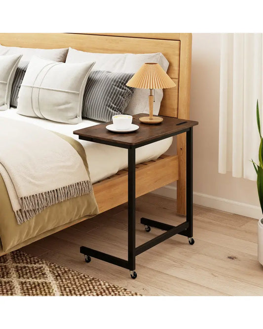 C-shaped End Table with Wheels Mobile Bedside Table with Built-in Phone Slot-Rustic Brown - Rustic Brown - End & Side
