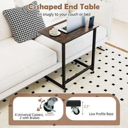 C-shaped End Table with Wheels Mobile Bedside Table with Built-in Phone Slot-Rustic Brown - Rustic Brown - End & Side