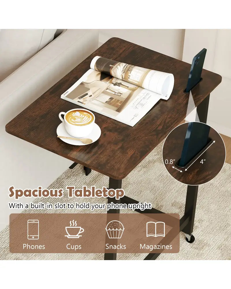 C-shaped End Table with Wheels Mobile Bedside Table with Built-in Phone Slot-Rustic Brown - Rustic Brown - End & Side