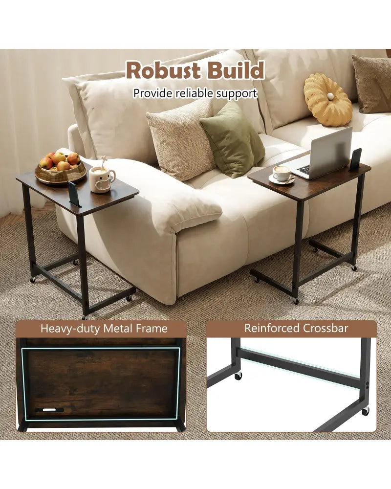 C-shaped End Table with Wheels Mobile Bedside Table with Built-in Phone Slot-Rustic Brown - Rustic Brown - End & Side